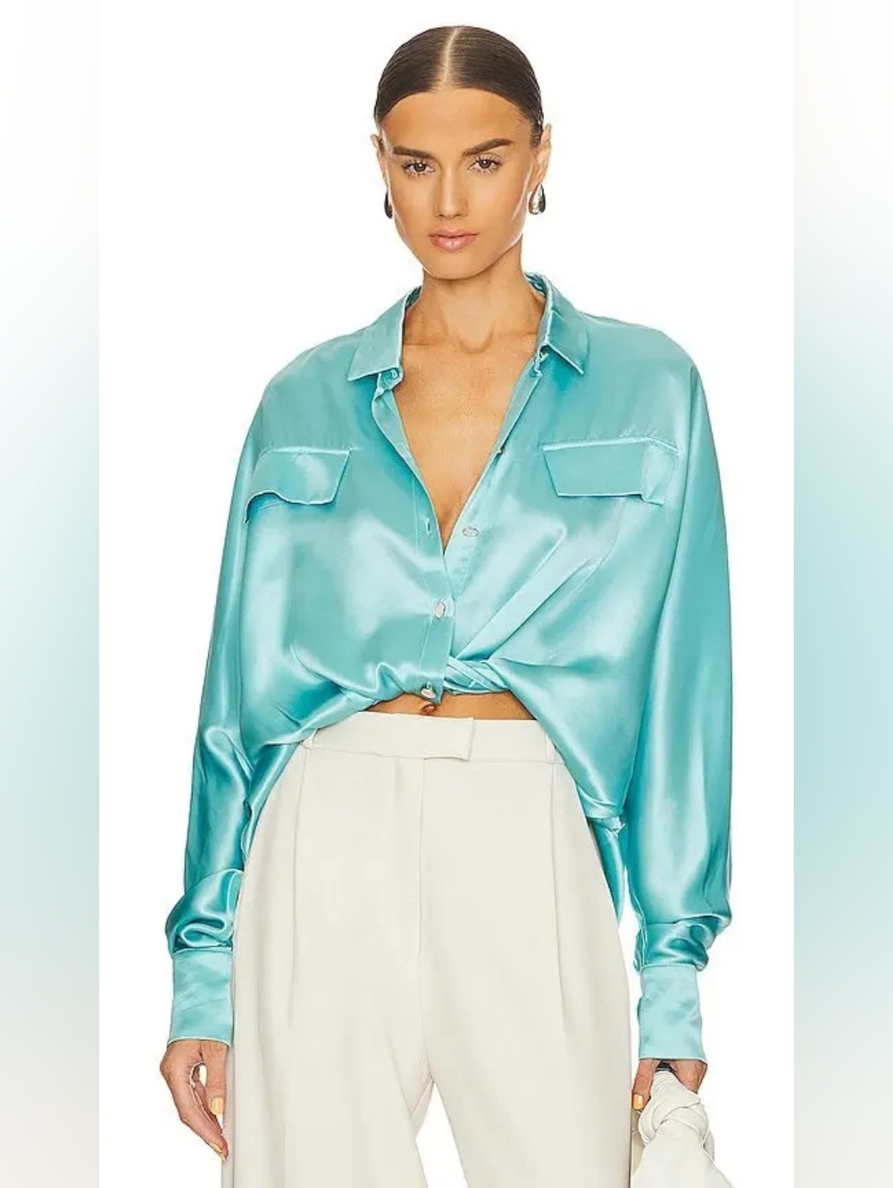 Bubish Celeste Satin Teal Blue Button Down Tie Front Going Out Top Blouse Size S
